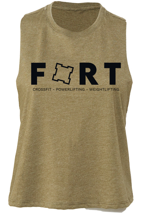 FORT Gym Women's Bella & Canvas Cotton Blend Sleeveless Cropped Tee {FORT-BE127-OLV/BLK}