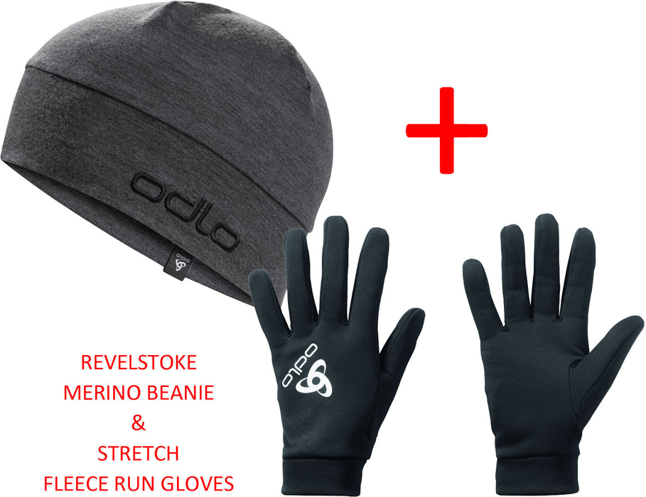 ODLO Revelstoke Merino Wool Beanie + Stretch Fit Run Gloves Bundle