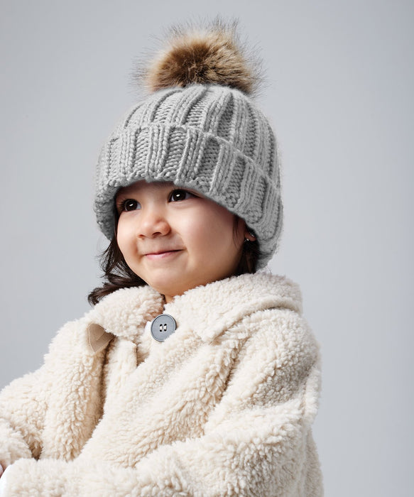 Kids' Snowfall Rib Knit Acrylic Pom Beanie {B412A}